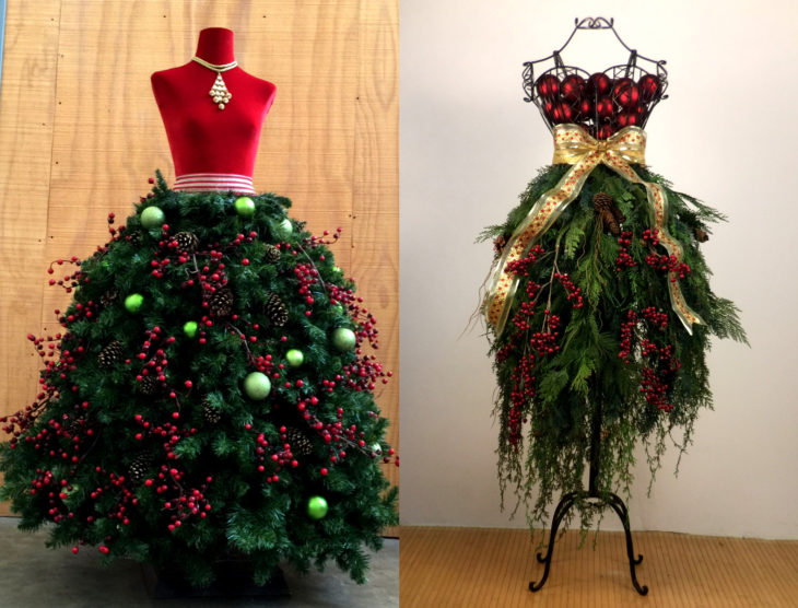 Árbol verde con rojo de Navidad como vestido de maniquí 