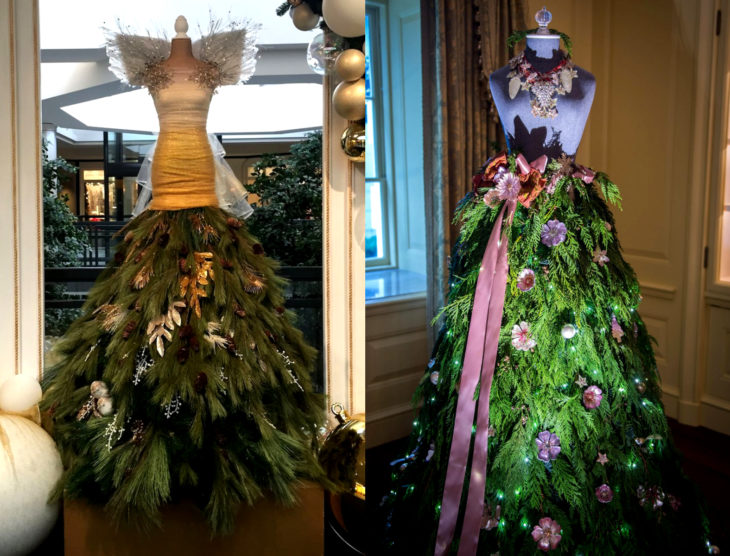 Árbol verde de Navidad como vestido de maniquí 