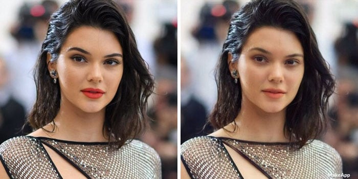 Kendal Jenner antes y después de usar MakeApp y eliminar el maquillaje