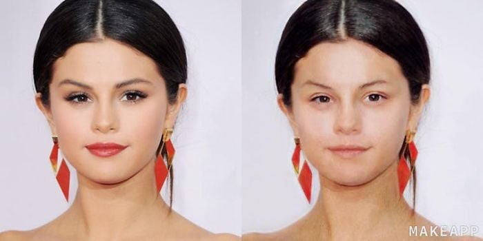 Selena Gomez antes y después de usar MakeApp y eliminar el maquillaje