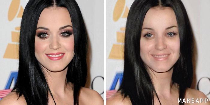 Katy Perry antes y después de usar MakeApp y eliminar el maquillaje