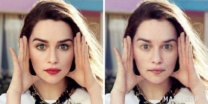 Emilia Clarke antes y después de usar MakeApp y eliminar el maquillaje