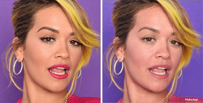 Rita Ora antes y después de usar MakeApp y eliminar el maquillaje