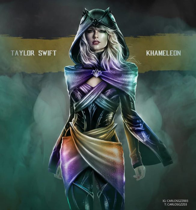 Taylor Swift como Khameleon ilustrada por Carlos Gonzalez