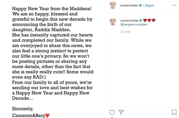 Il post di Cameron Diaz su Instagram annuncia la maternità 
