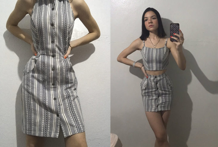 Chica con un vestido de playa modificado en un top con una falda corta 