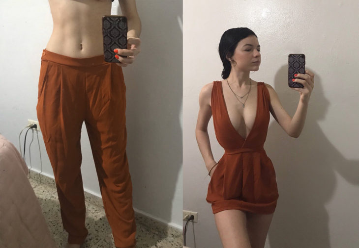 Chica con un pantalón holgado y modificado como un vestido corto y de escote profundo 