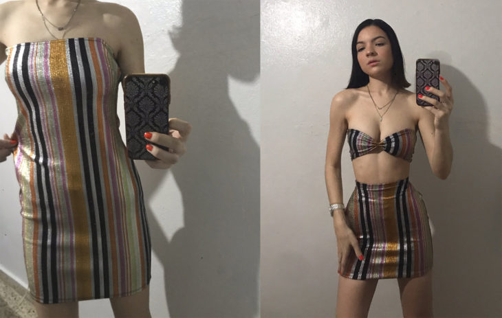 Chica con un vestido modificado en un top con una minifalda 