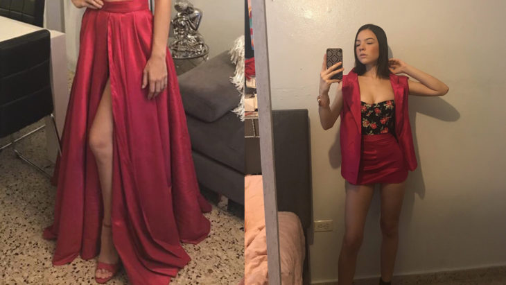 Falda de un vestido de fiesta modificado en una falda y un saco 