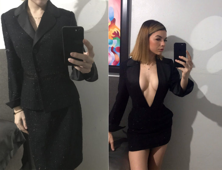 Chica con un vestido modificado hecho con un traje sastre de color negro 