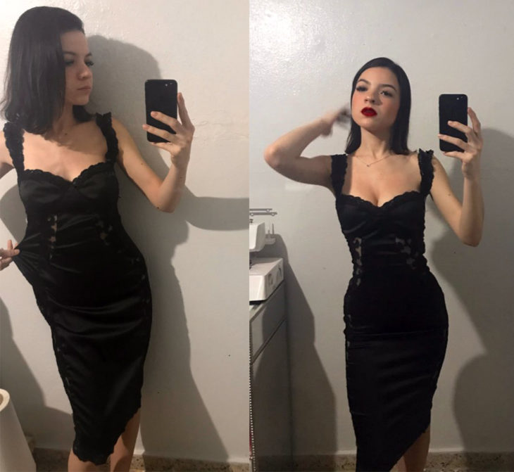 Chica con un vestido de encaje negro modificado a su medida 