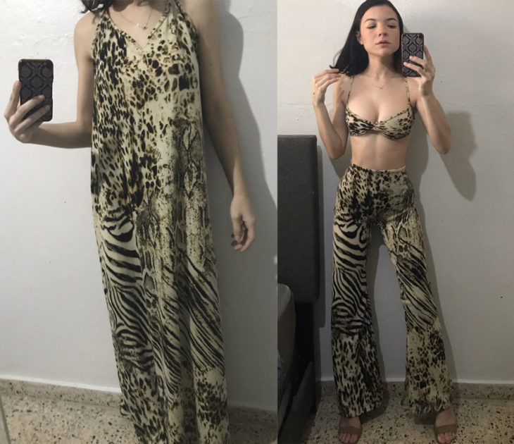 Chica con un vestido holgado y después modificado como pantalón y crop top 