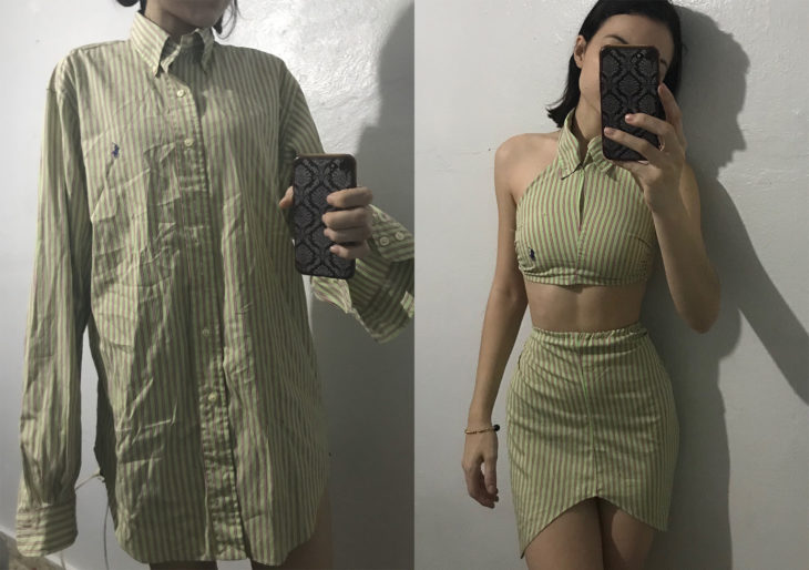 Chica con una camisa de hombre y después modificada en una falda y crop top 