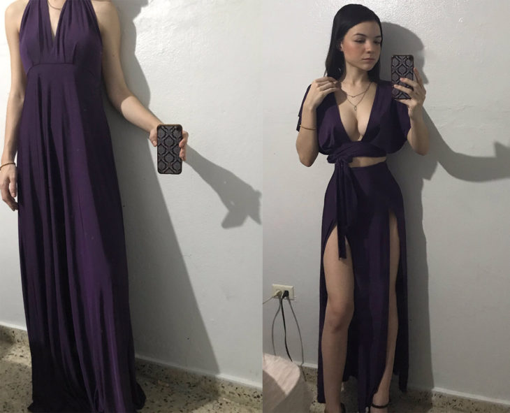 Chica con un vestido holgado modificado en un vestido de falda larga y top 