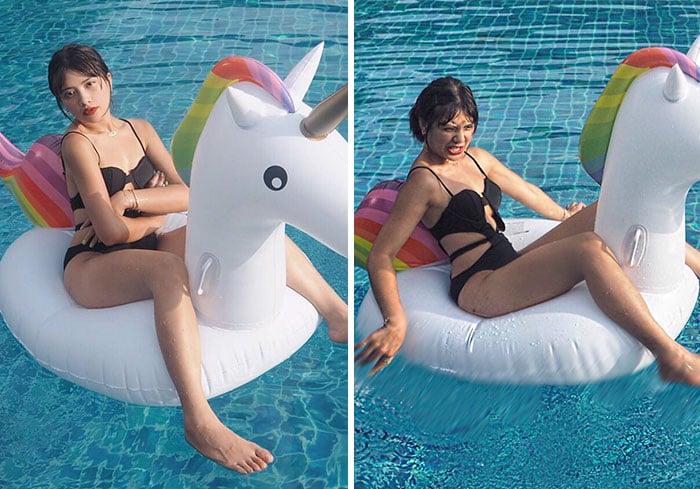 Vienna sobre un salvavidas de unicornio realidad detrás fotos instagram