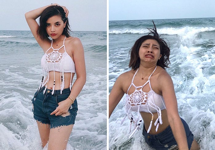 Chica frente a la playa realidad detrás fotos instagram