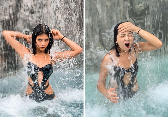 Chica bajo una cascada realidad detrás fotos instagram