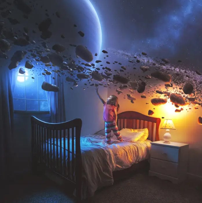 Ilustración digital de Kevin Carden, niña tocando meteoritos en su habitación