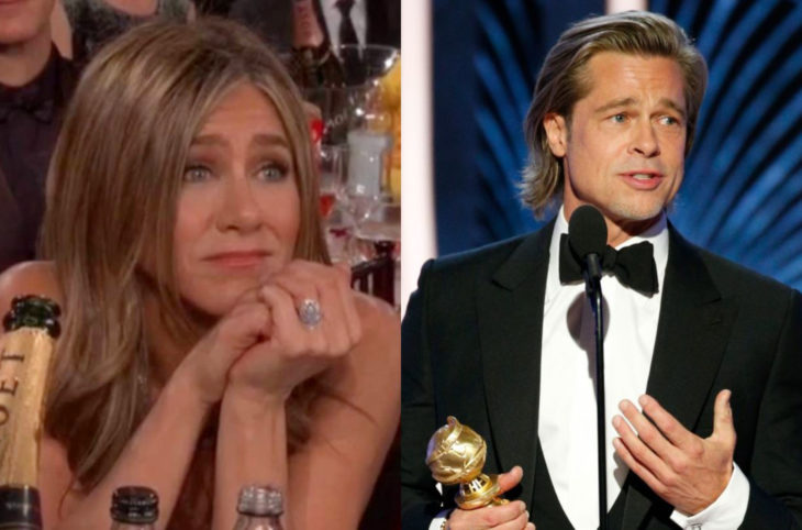 Los mejores momentos de los Golden Globes 2020; Jennifer Aniston mirando a Brad Pitt durante discurso