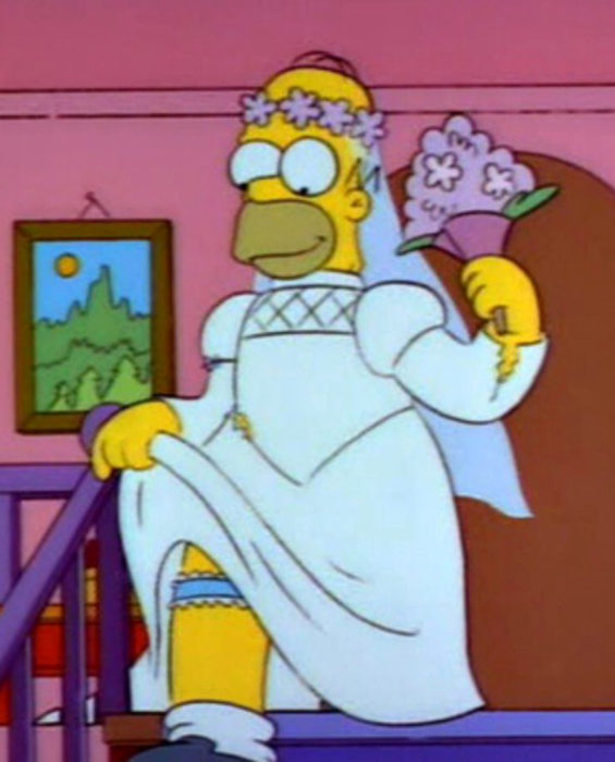 Mujeres prefieren a hombres con barba, tatuados y con panza; Homero Simpson vestido de novia