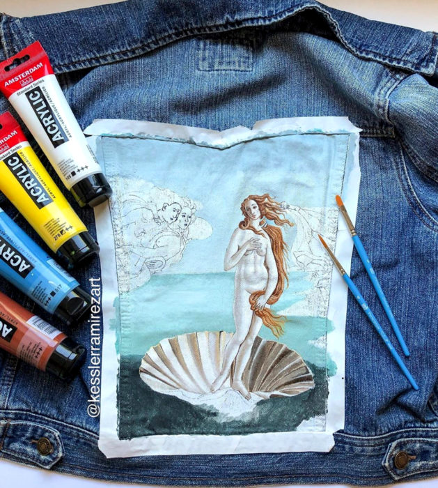 Jeans pintados con obras de arte por Kessler Ramirez; El nacimiento de Venus, Sandro Botticelli