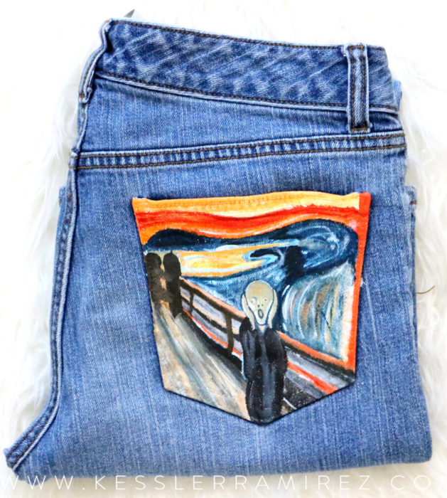 Jeans pintados con obras de arte por Kessler Ramirez; El grito, Edvard Munch