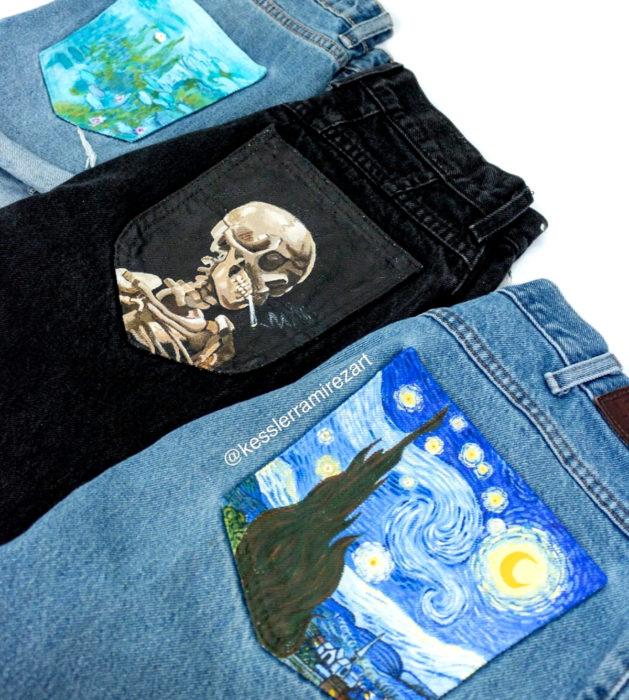 Jeans pintados con obras de arte por Kessler Ramirez; Cabeza de esqueleto con cigarro, La noche estrellada, Vinvent Van Gogh, Nenúfares, Claude Monet