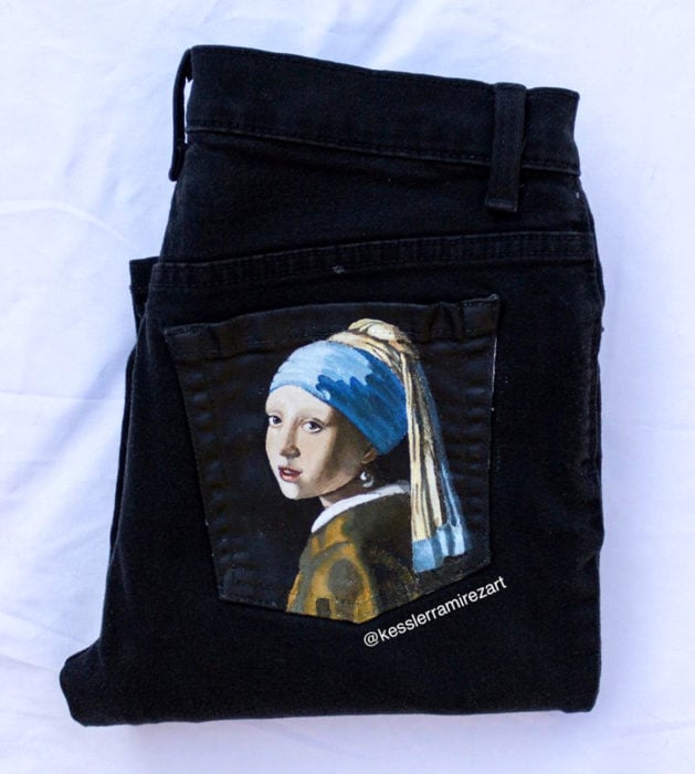 Jeans pintados con obras de arte por Kessler Ramirez; La joven de la perla, Johannes Vermeer
