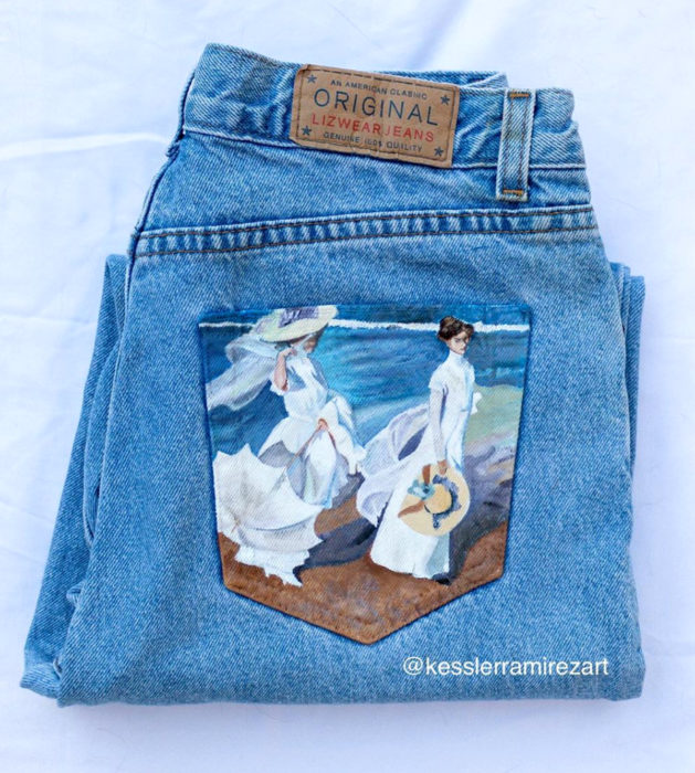 Jeans pintados con obras de arte por Kessler Ramirez; Paseo a orillas del mar, Joaquín Sorolla