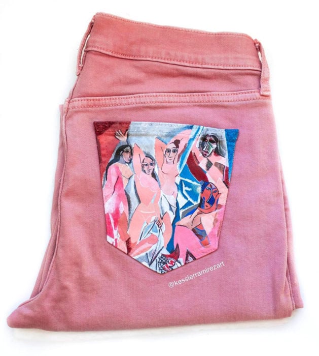 Jeans pintados con obras de arte por Kessler Ramirez; Las señoritas de Avignon, Pablo Picasso