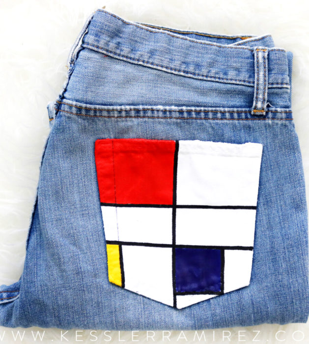 Jeans pintados con obras de arte por Kessler Ramirez; Conposición C, Piet Mondrian