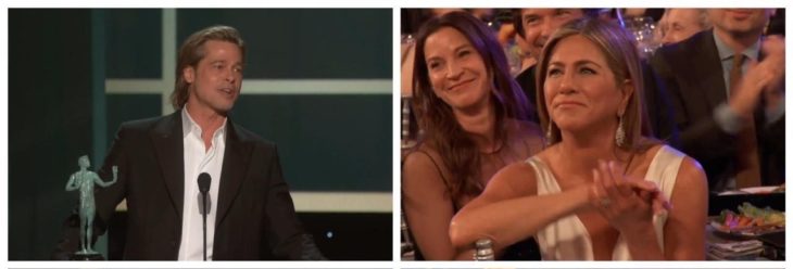 Jennifer Aniston viendo a Brad Pitt recibir premio SAG