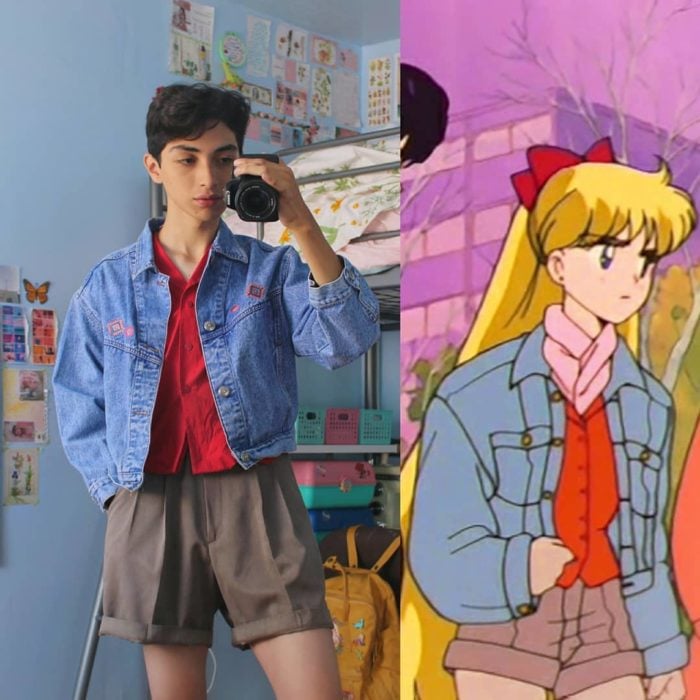 celestialyouth, joven recrea atuendos vintage de Sailor Moon; Mina, Venus, chamarra oversized de mezclilla, camisa anaranjada y shorts café