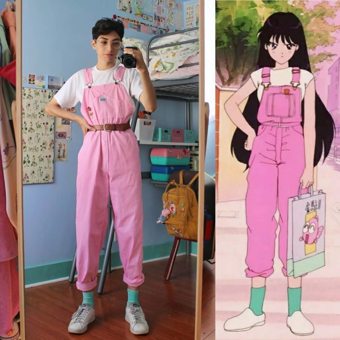 celestialyouth, joven recrea atuendos vintage de Sailor Moon; Rei, Marte, overol rosa con blusa blanca