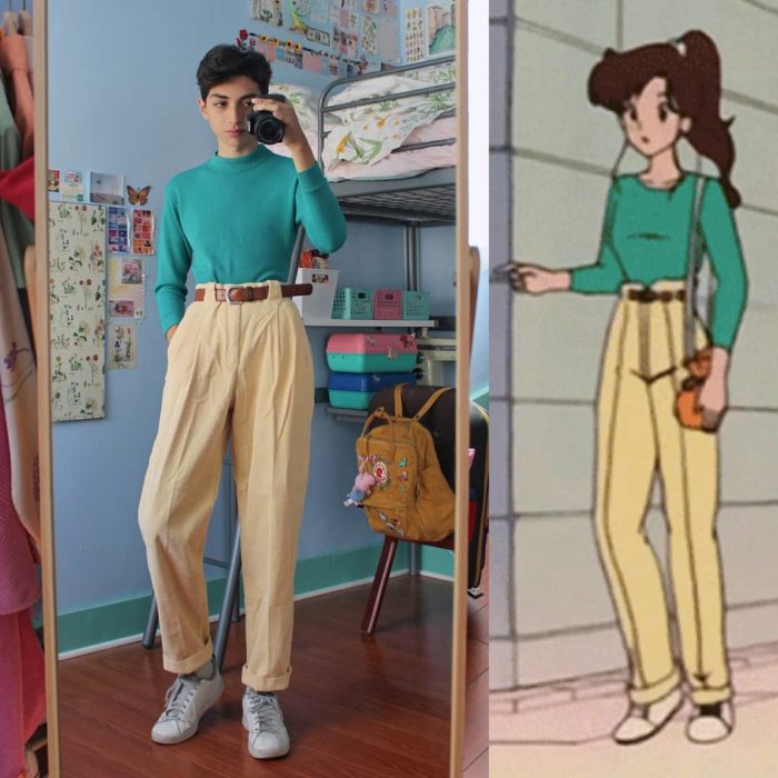 celestialyouth, joven recrea atuendos vintage de Sailor Moon; Lita, Júpiter, blusa verde y pantalones capri beiges