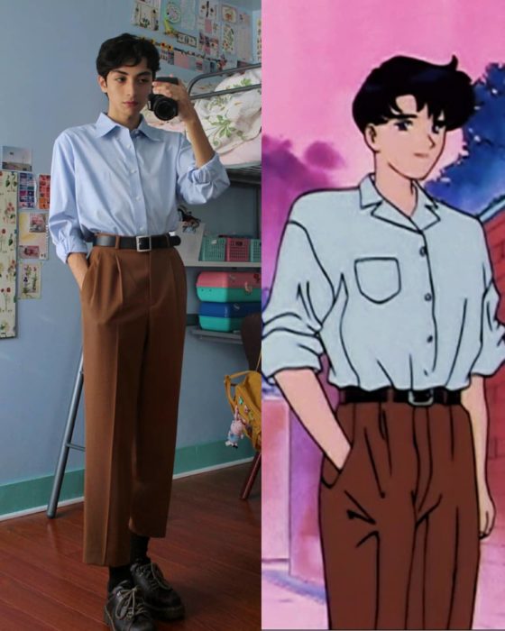 celestialyouth, joven recrea atuendos vintage de Sailor Moon; Tuxedo mask, Darien, camisa azul, pantalones capri café oscuro