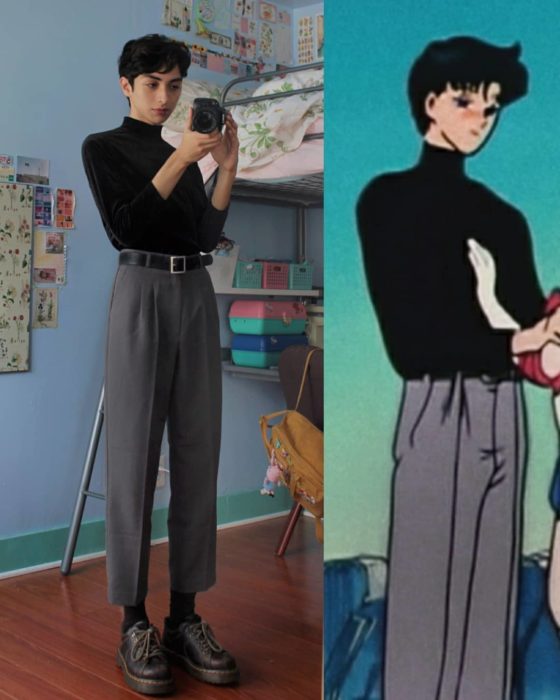 celestialyouth, joven recrea atuendos vintage de Sailor Moon; Tuxedo Mask, Darien, camisa negra de cuello de tortuga, pantalón capri gris