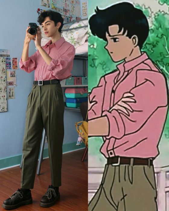 celestialyouth, joven recrea atuendos vintage de Sailor Moon; Tuxedo Mask, Darien, camisa rosa, pantalones capri verdes militar