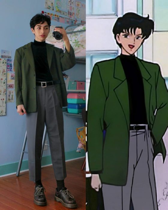 celestialyouth, joven recrea atuendos vintage de Sailor Moon; Tuxedo Mask, Darien, camisa negra, saco verde, pantalón capri gris