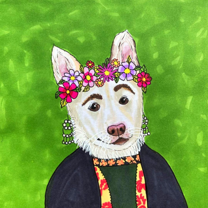 Betty, la perra con cejas; ilustración de cachorra blanca con orejas paradas, corona de flores como Frida Kahlo