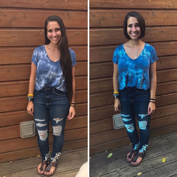 Chica son jeans, recargado en una pared, antes y después de donar su cabello a la estilista 