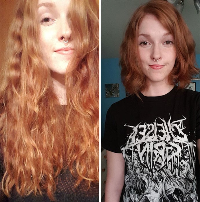 Chica tomando una selfie antes y después de donar su cabello a la estilista Hayley Pritchard