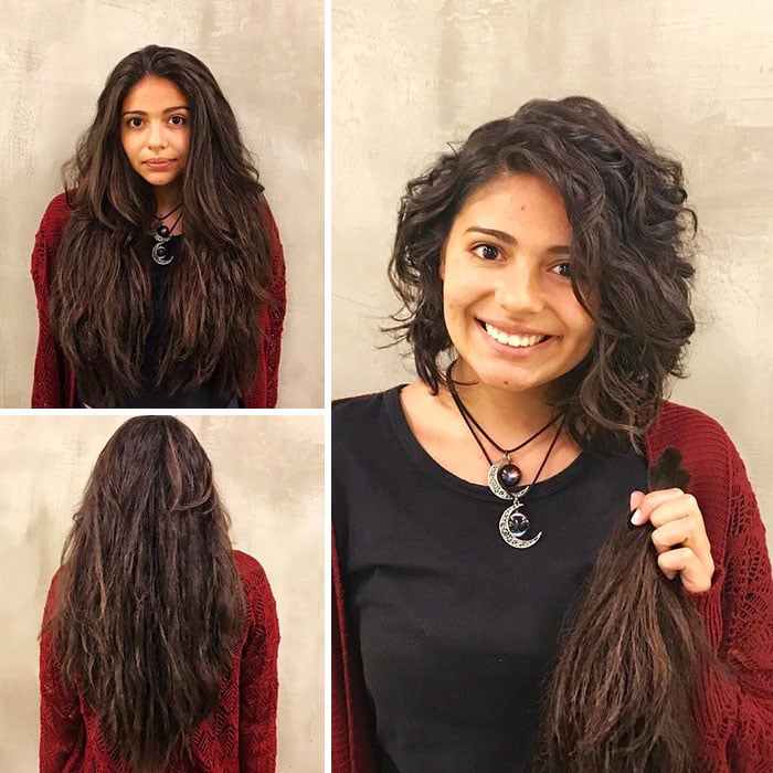 Chica sonriendo antes y después de donar su cabello a la estilista Hayley Pritchard