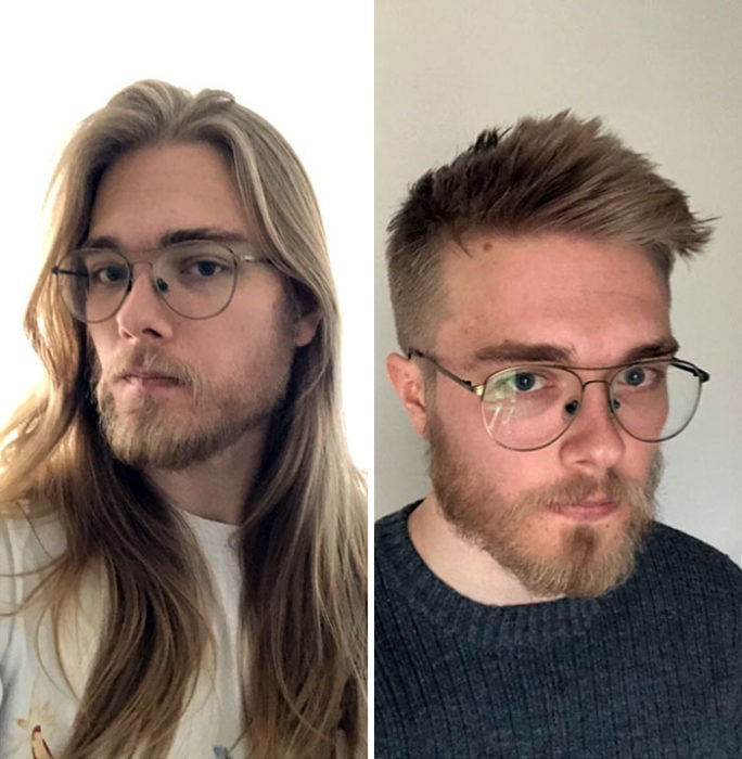 Hombre modelando de perfil antes y después de donar su cabello a la estilista Hayley Pritchard