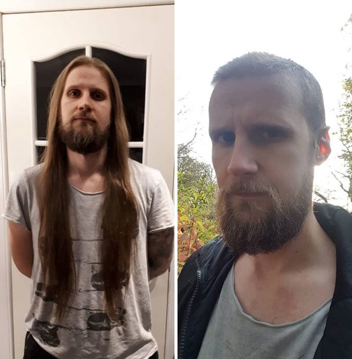 Hombre posando de perfil antes y después de donar su cabello a la estilista Hayley Pritchard