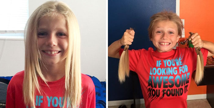Niño sosteniendo su cabello antes y después de donar su cabello a la estilista Hayley Pritchard