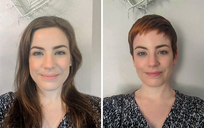 Mujer sonriendo antes y después de donar su cabello a la estilista Hayley Pritchard