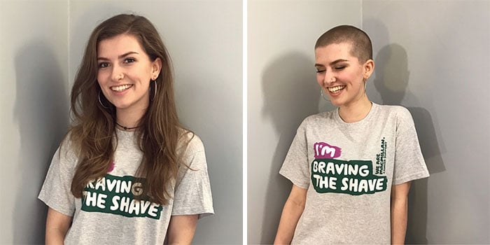 Chica sonriendo en un cuarto blanco, antes y después de donar su cabello a la estilista Hayley Pritchard