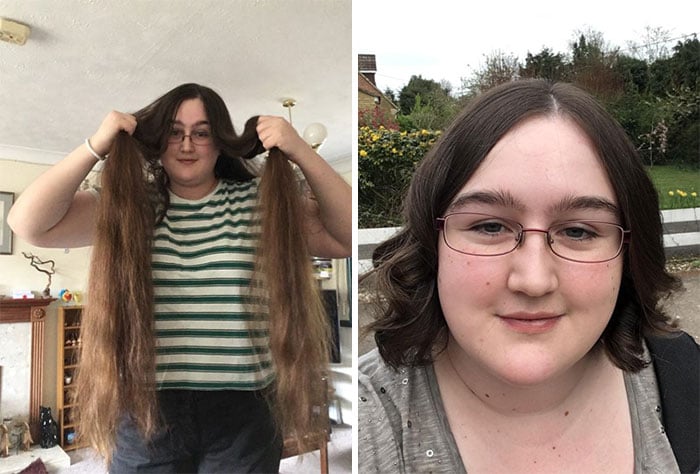 Chica modelando su antes y después de donar su cabello a la estilista Hayley Pritchard