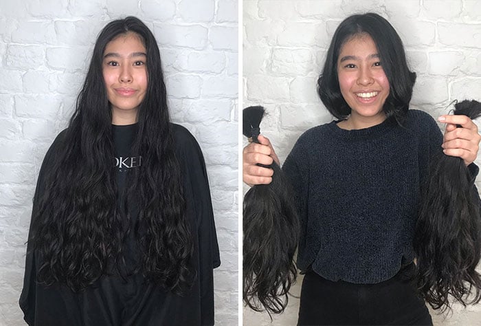 Chica sosteniendo su melena antes y después de donar su cabello a la estilista Hayley Pritchard